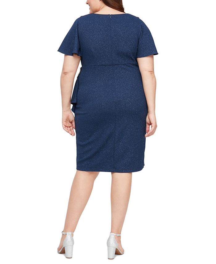 SL Fashions Women's Shimmer Knit Surplice Dress Blue Size 22W