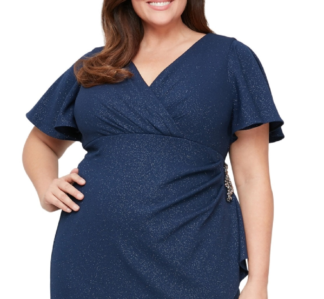 SL Fashions Women's Shimmer Knit Surplice Dress Blue Size 22W
