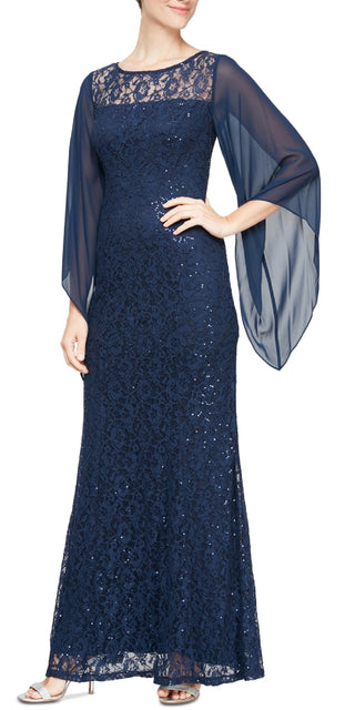 SL Fashions Women's Embellished Illusion Lace Gown Blue Size 10