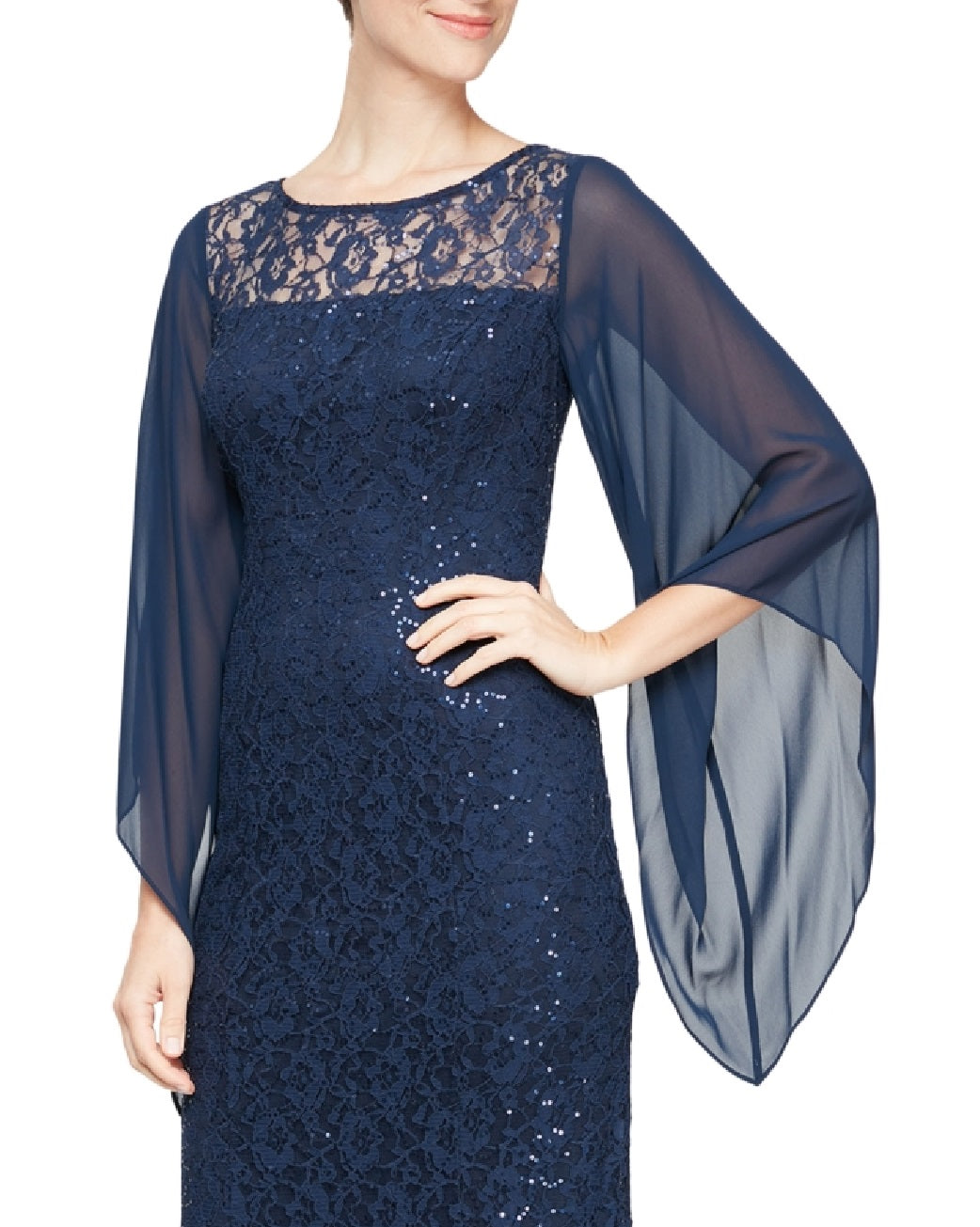 SL Fashions Women's Embellished Illusion Lace Gown Blue Size 10