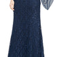 SL Fashions Women's Embellished Illusion Lace Gown Blue Size 10