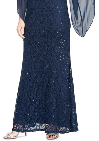 SL Fashions Women's Embellished Illusion Lace Gown Blue Size 10