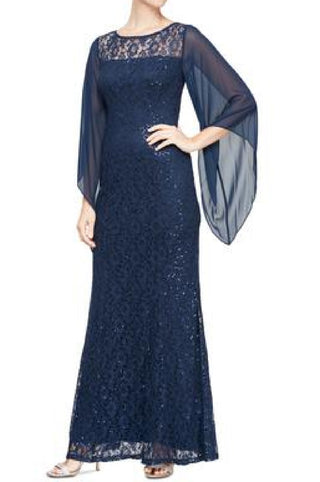 SL Fashions Women's Embellished Illusion Lace Gown Blue Size 14