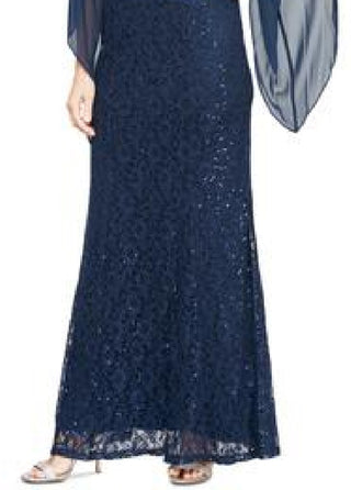SL Fashions Women's Embellished Illusion Lace Gown Blue Size 14