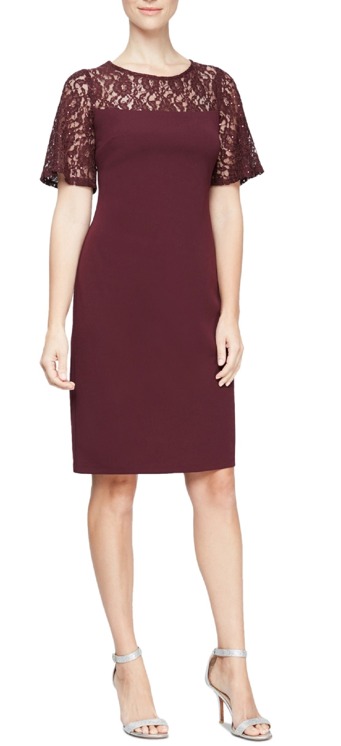 SL Fashions Women's Sequinned Lace Yoke Sheath Dress Brown Size 16
