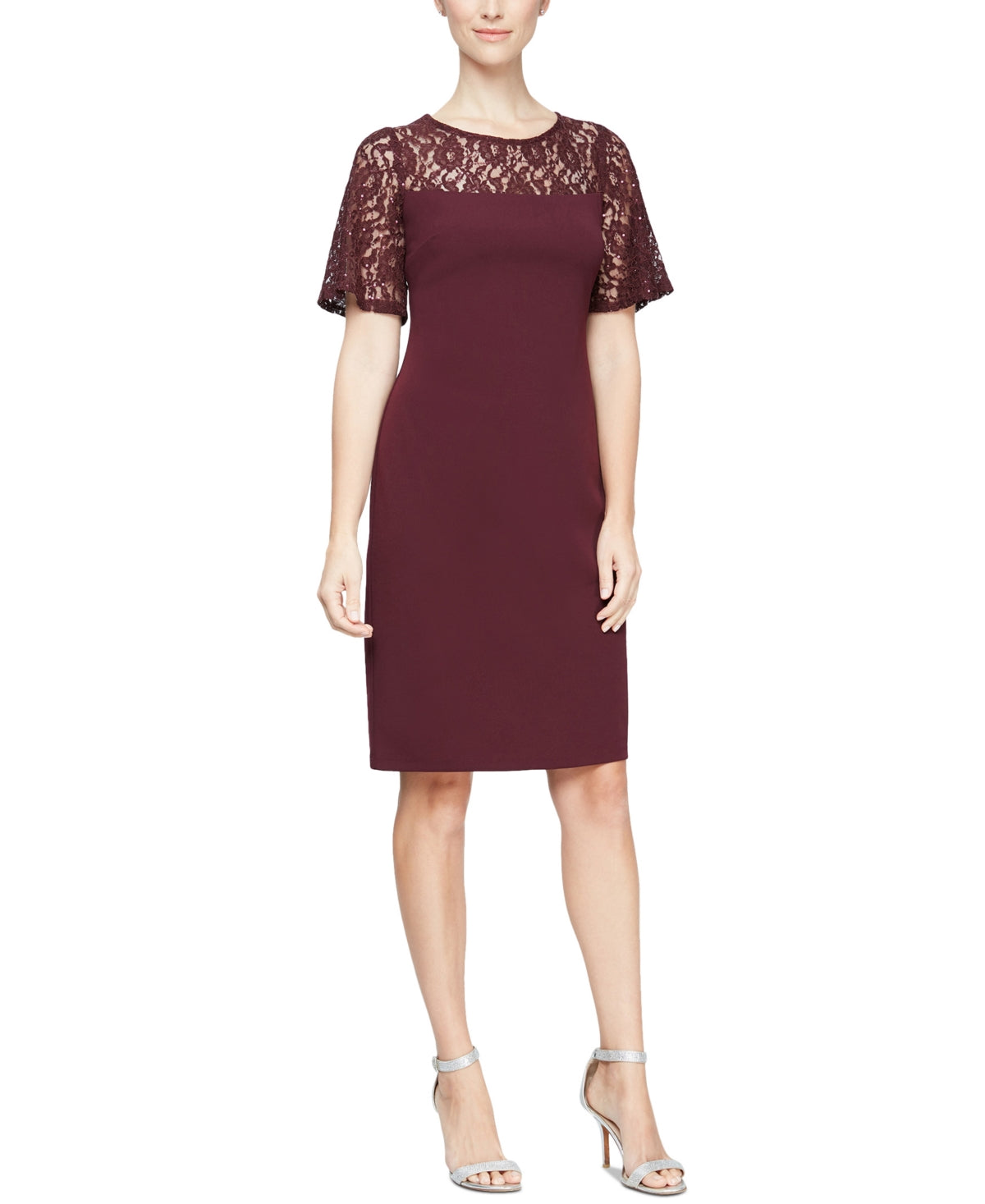 SL Fashions Women's Sequinned Lace Yoke Sheath Dress Brown Size 16