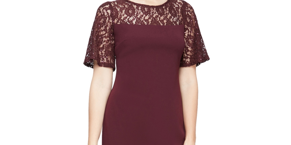 SL Fashions Women's Sequinned Lace Yoke Sheath Dress Brown Size 16