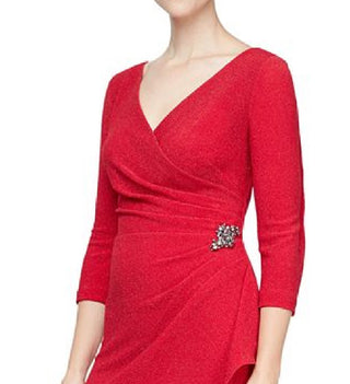 SL Fashions Women's Embellished Faux Wrap Sheath Dress Red Size 16