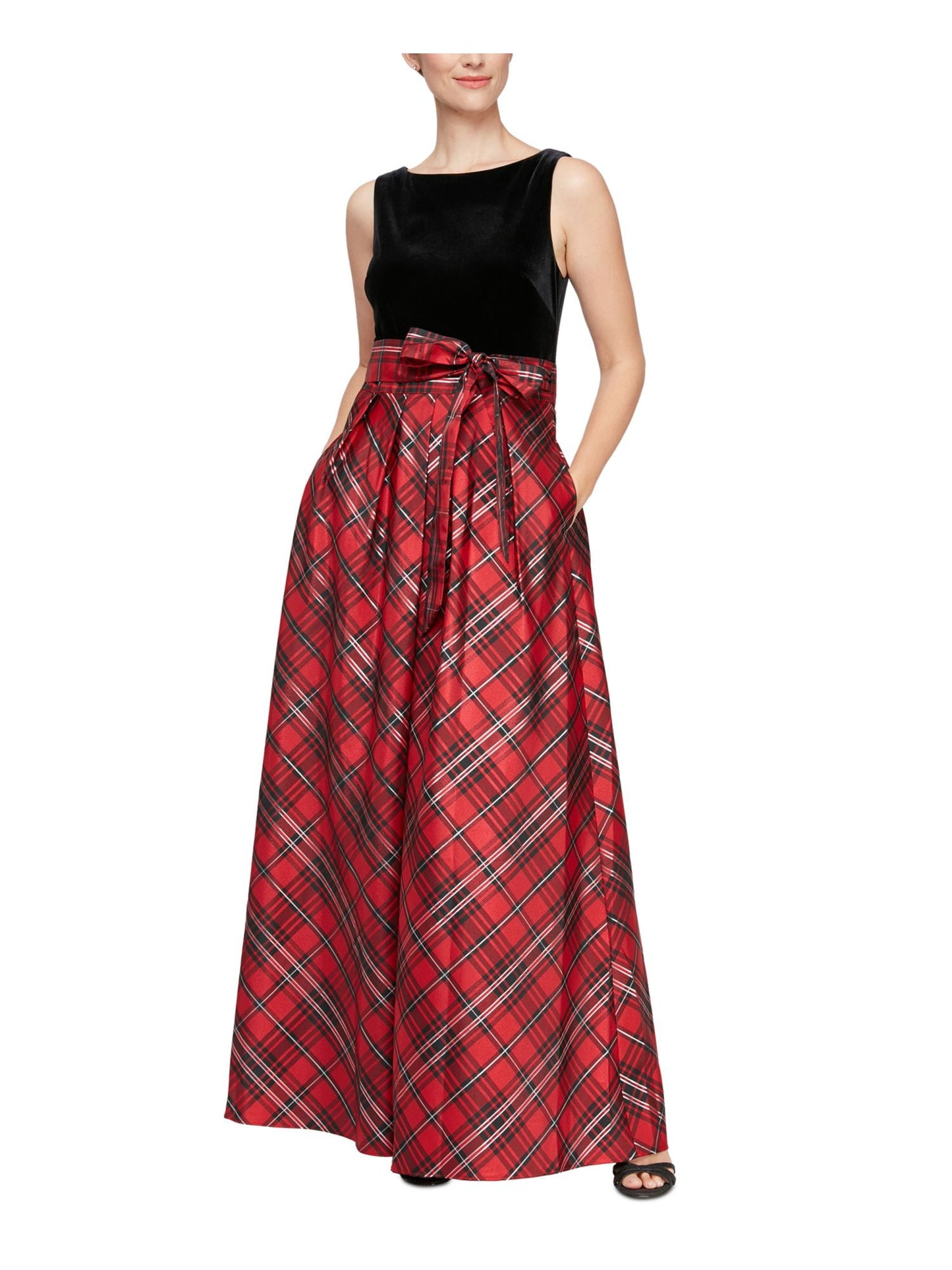 SL Fashions Women's Velvet Plaid Belted Gown Black Size 14