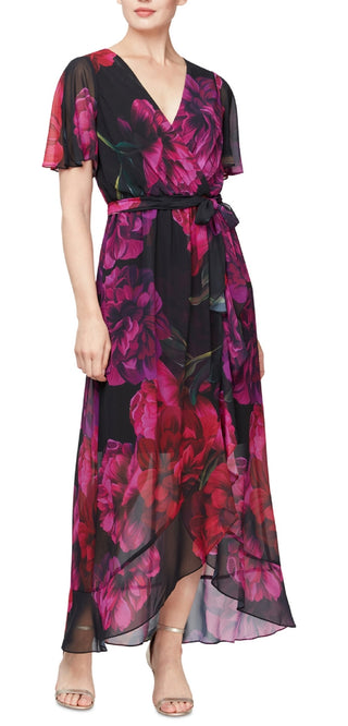 SL Fashions Women's Printed Faux Wrap Maxi Dress Black Size 6