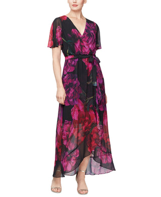 SL Fashions Women's Printed Faux Wrap Maxi Dress Black Size 6