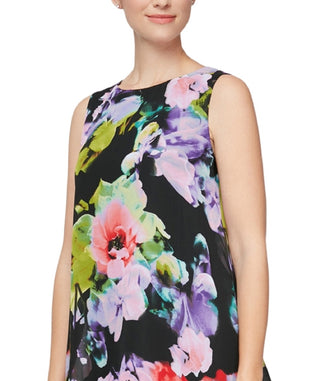 SL Fashions Women's Printed Asymmetrical Overlay Dress Black Size 14