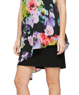 SL Fashions Women's Printed Asymmetrical Overlay Dress Black Size 14