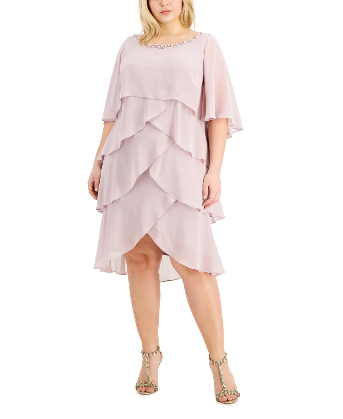 SL Fashions Women's Beaded Tiered Cape Dress Purple Size 22W