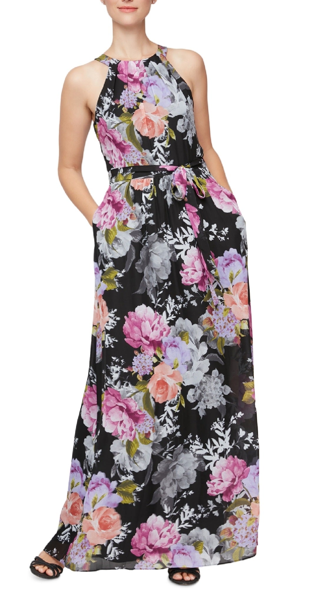 SL Fashions Women's Belted Halter Maxi Dress Black Size 12