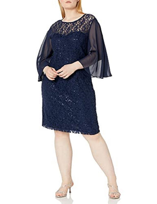 SL Fashions Women's Sequined Lace Dress Blue Size 18W