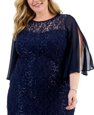 SL Fashions Women's Sequined Lace Dress Blue Size 18W