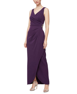 SL Fashions Women's V Neck Tulip Hem Sleeveless Gown Purple Size 12