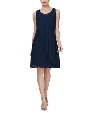 SL Fashions Women's Sleeveless Chiffon Jewel Neck Sheath Dress Blue Size 14