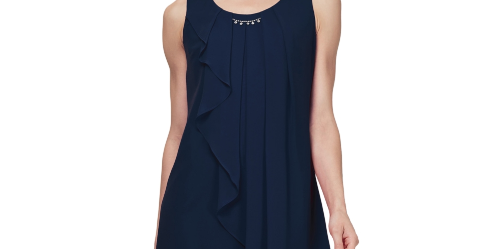 SL Fashions Women's Sleeveless Chiffon Jewel Neck Sheath Dress Blue Size 14