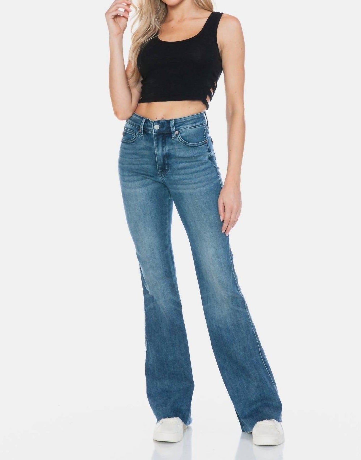 Judy Blue - Mid Rise Medium Wash Tummy Control Cut Hem Flare