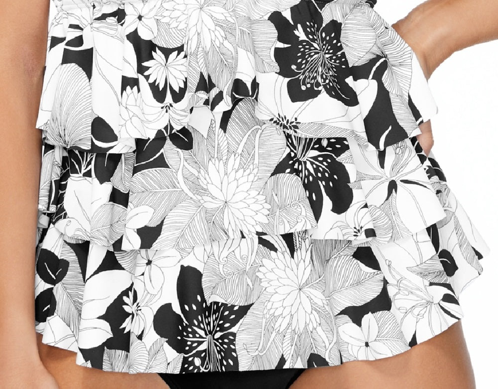 Island Escape Women's Tropical Print Stretch Removable Cups Tiered Lined Sweetheart Convertible Aloha Tankini Swimsuit Top Black