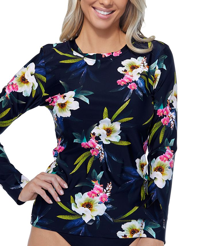 Island Escape Women's Tahiti Beach Printed Rash Guard Swimsuit Black Size Small