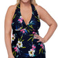 Island Escape Women's Tropical Print Stretch Full Bust Support Racerback Lined Surplice Cutout Tahiti Beach Tankini Swimsuit Top Black Size 20W