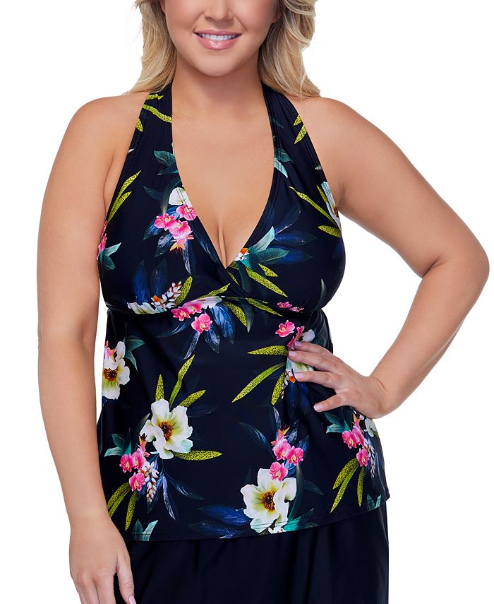 Island Escape Women's Tropical Print Stretch Full Bust Support Racerback Lined Surplice Cutout Tahiti Beach Tankini Swimsuit Top Black Size 20W