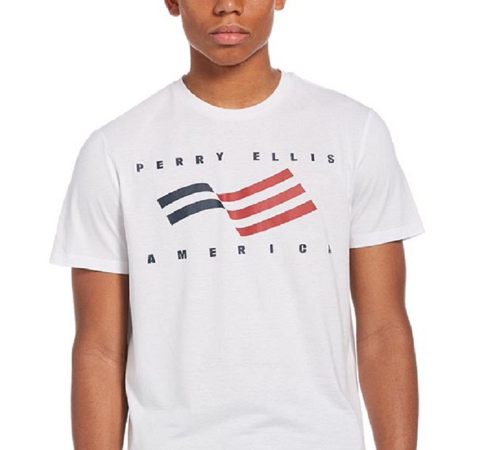 Perry Ellis Men's Logo Flag Short Sleeve Crew Neck Tee White Size Medium