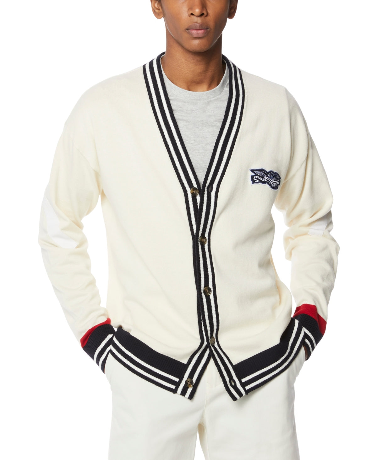 Perry Ellis Men's Eagle Patch Cardigan Sweater White Size X-Large