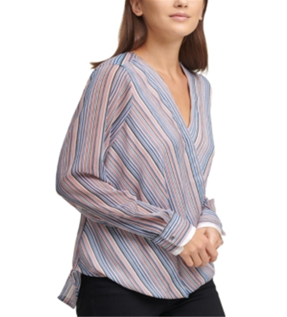 DKNY Striped Faux-Wrap Blouse Ivory New Navy Blue Size L