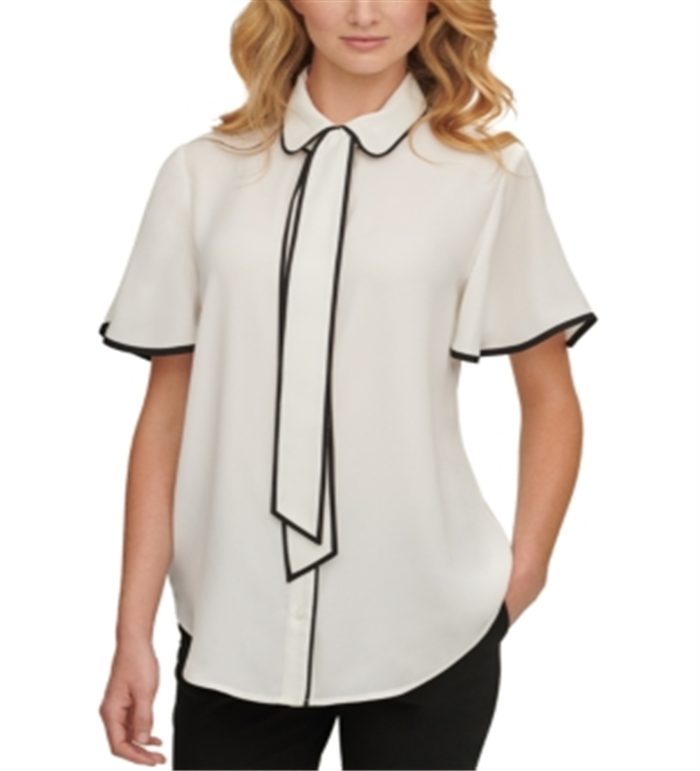 DKNY Women's Tie Neck Flutter Sleeve Blouse White Size XX-Large