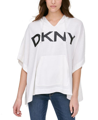 DKNY Women's Logo Poncho Hooded Sweatshirt White Size Medium