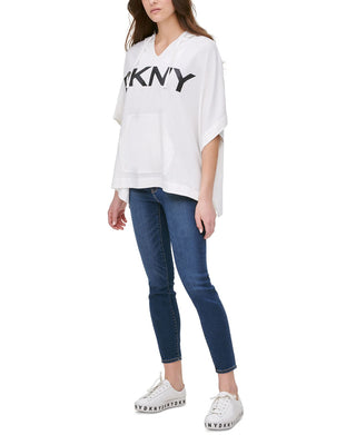 DKNY Women's Logo Poncho Hooded Sweatshirt White Size Medium