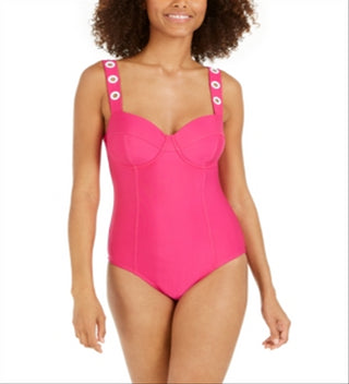 DKNY Women's Grommet Balconette Underwire One Piece Swimsuit Pink Size 10