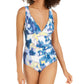 DKNY Women's Moire Floral Printed Ruffled One Piece Swimsuit Blue Size 16