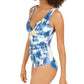 DKNY Women's Moire Floral Printed Ruffled One Piece Swimsuit Blue Size 16