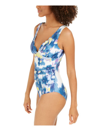DKNY Women's Moire Floral Printed Ruffled One Piece Swimsuit Blue Size 16