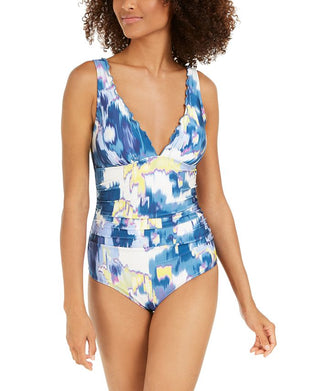 DKNY Women's Printed Stretch Removable Cups Deep V Neck Moderate Coverage One Piece Swimsuit Blue Size 8