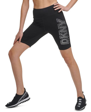 DKNY Women's Rhinestone Logo High Waist Bike Shorts Black Size M