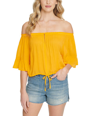 DKNY Women's Jeans Ruffled Off The Shoulder Top Yellow Size Small