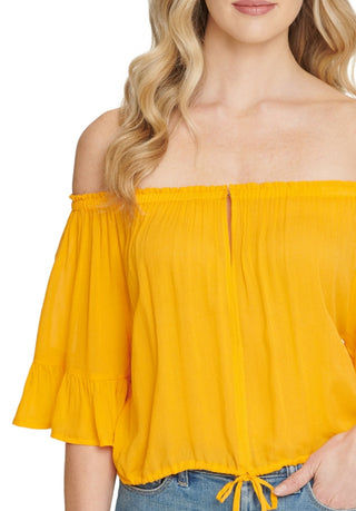 DKNY Women's Jeans Ruffled Off The Shoulder Top Yellow Size Small