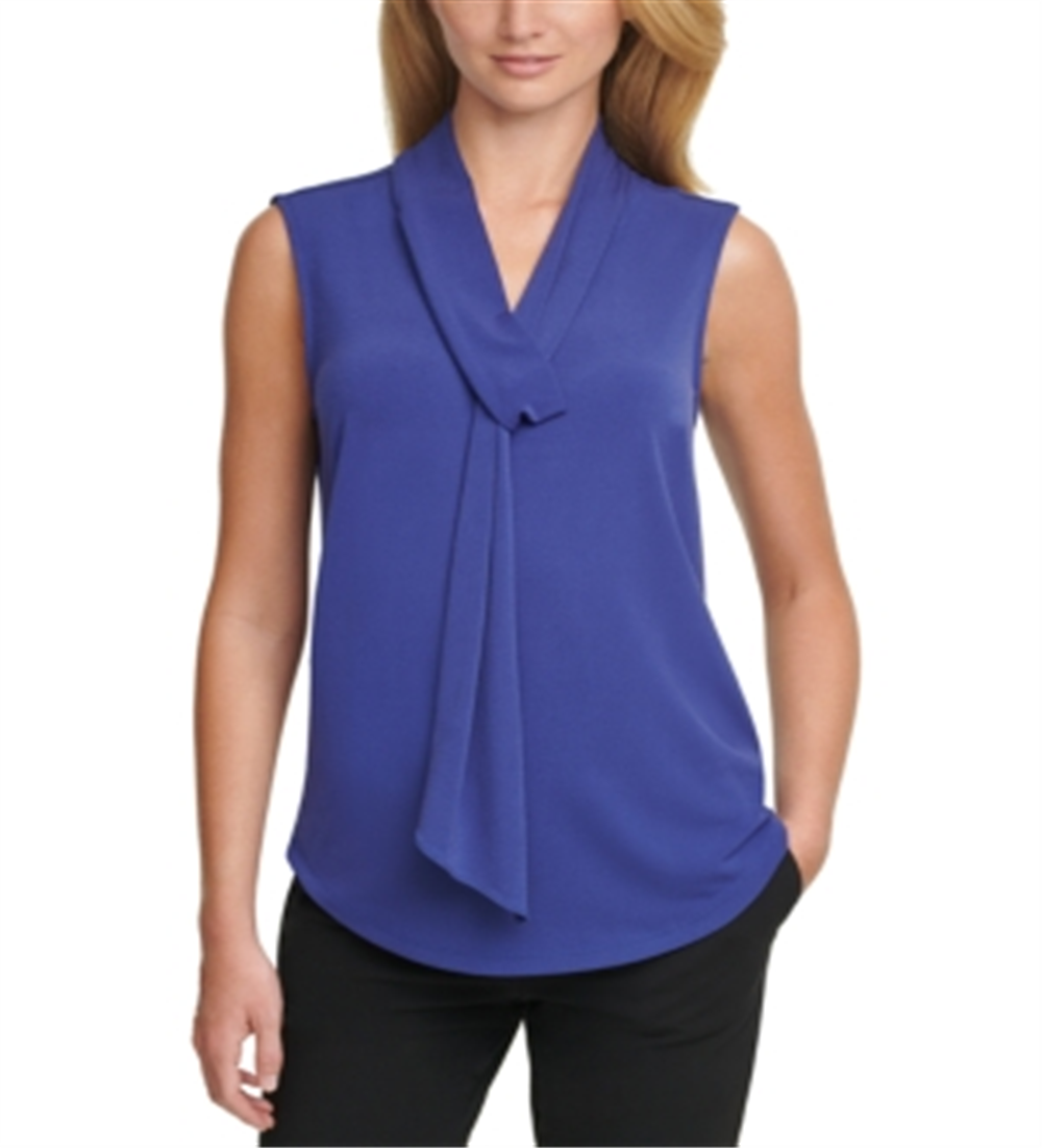 DKNY Women's Sleeveless Tie Neck Keyhole Back Blouse Blue Size Large