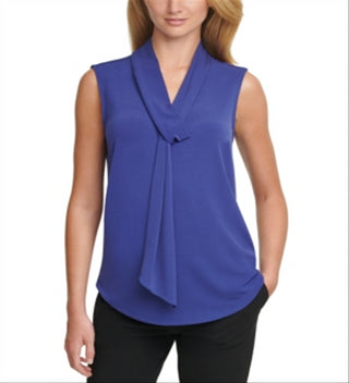 DKNY Women's Sleeveless Tie Neck Keyhole Back Blouse Blue Size Large
