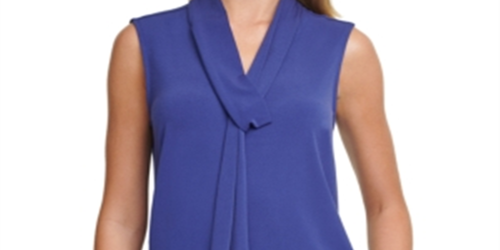 DKNY Women's Sleeveless Tie Neck Keyhole Back Blouse Blue Size Large
