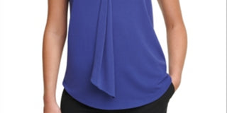 DKNY Women's Sleeveless Tie Neck Keyhole Back Blouse Blue Size Large