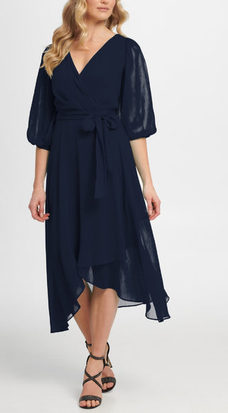 DKNY Women's Balloon Sleeve Faux Wrap Dress Blue Size 14