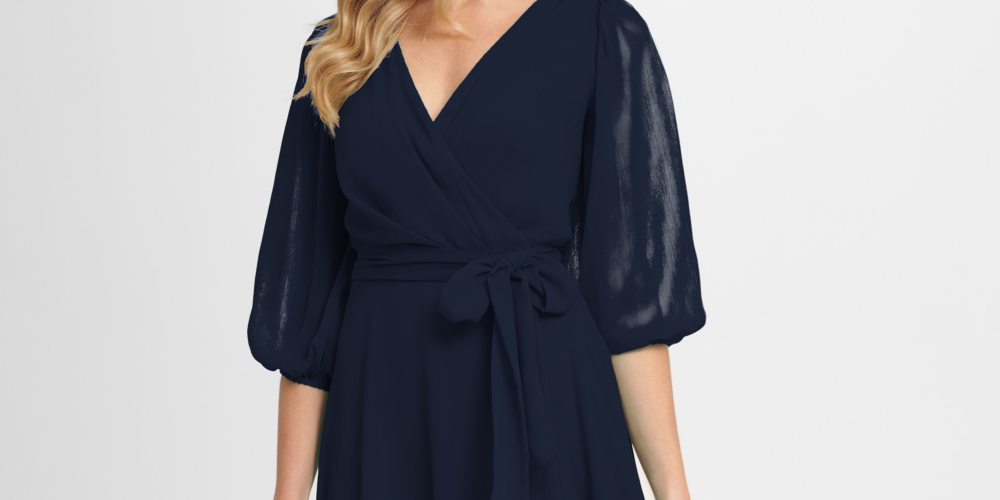 DKNY Women's Balloon Sleeve Faux Wrap Dress Blue Size 14