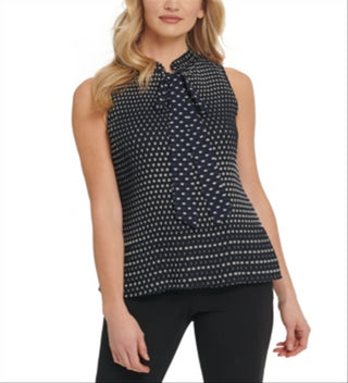 DKNY Women's Dot Print Pleated Tie-Neck Top Blue